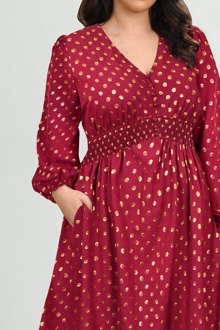 Pockets Polka Dot Smocked A-Line Midi Dress