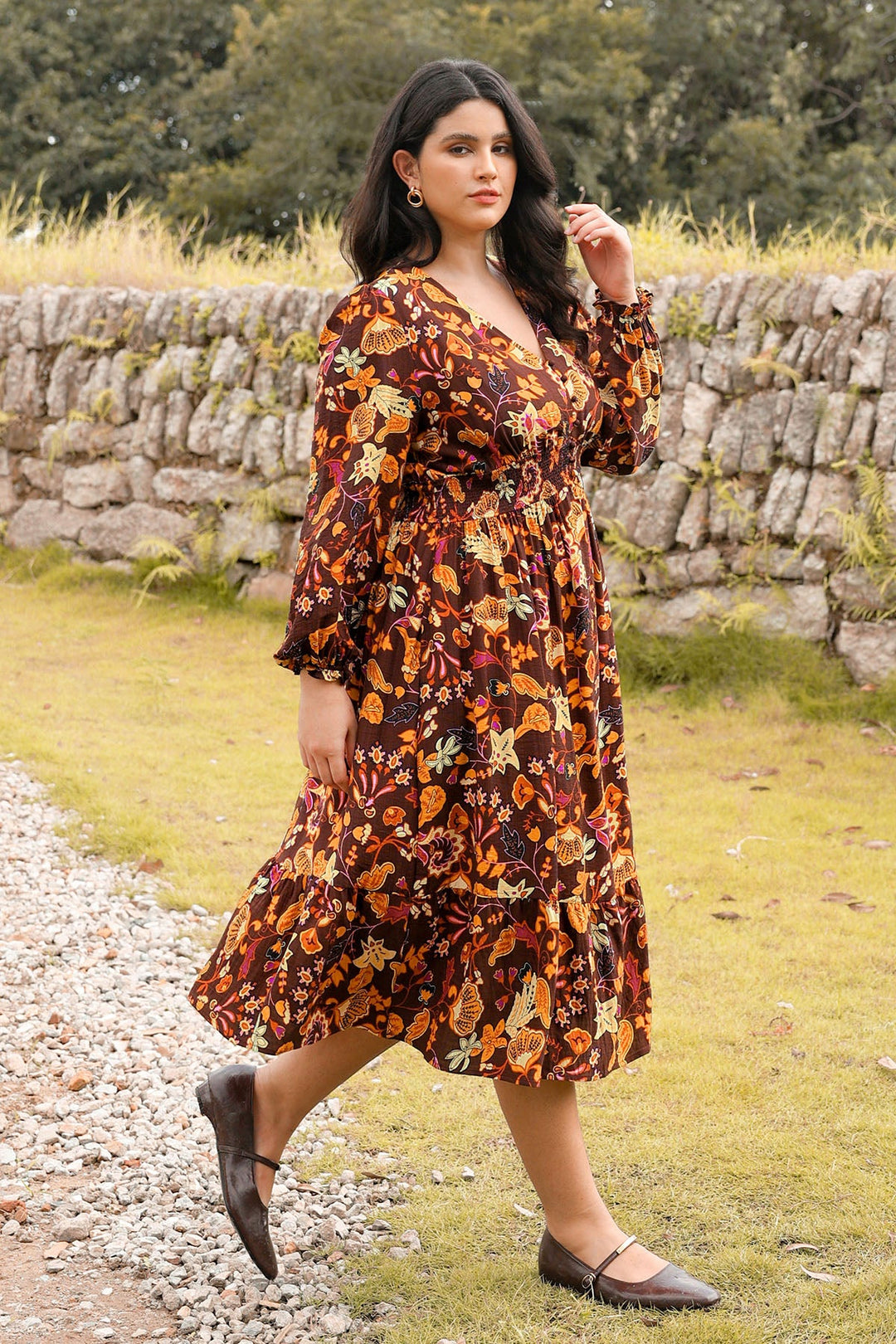 Pockets Polka Dot Smocked A-Line Midi Dress
