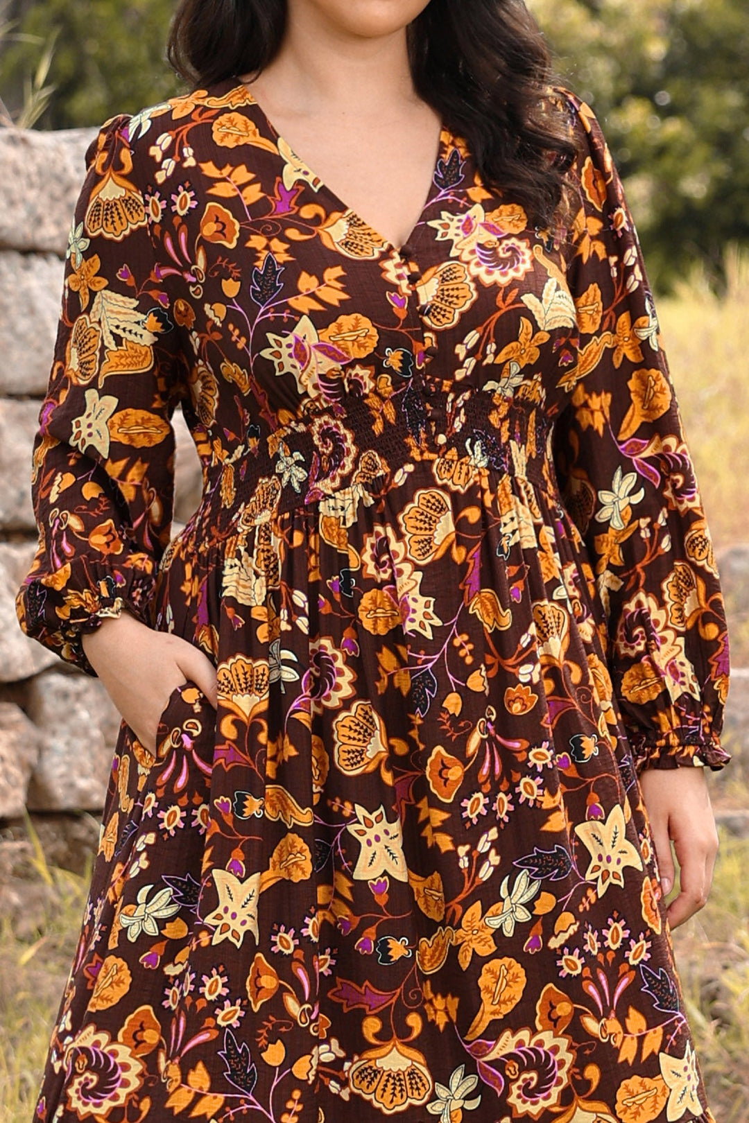 Pockets Polka Dot Smocked A-Line Midi Dress