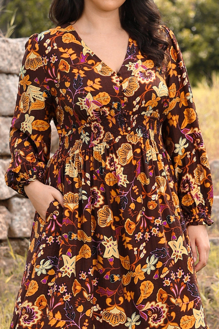 Pockets Polka Dot Smocked A-Line Midi Dress