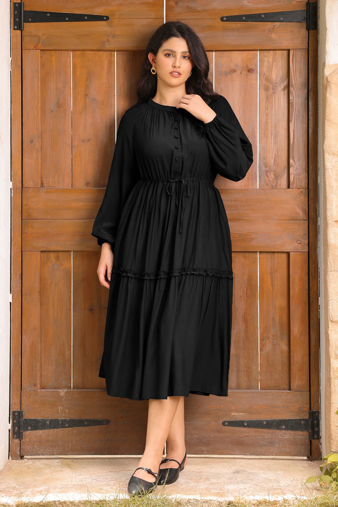 Pockets Navy Blue Drawstring Waist Tiered Midi Dress