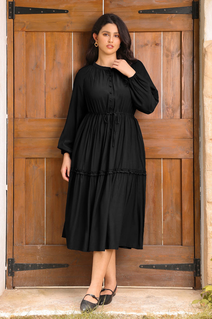 Pockets Navy Blue Drawstring Waist Tiered Midi Dress
