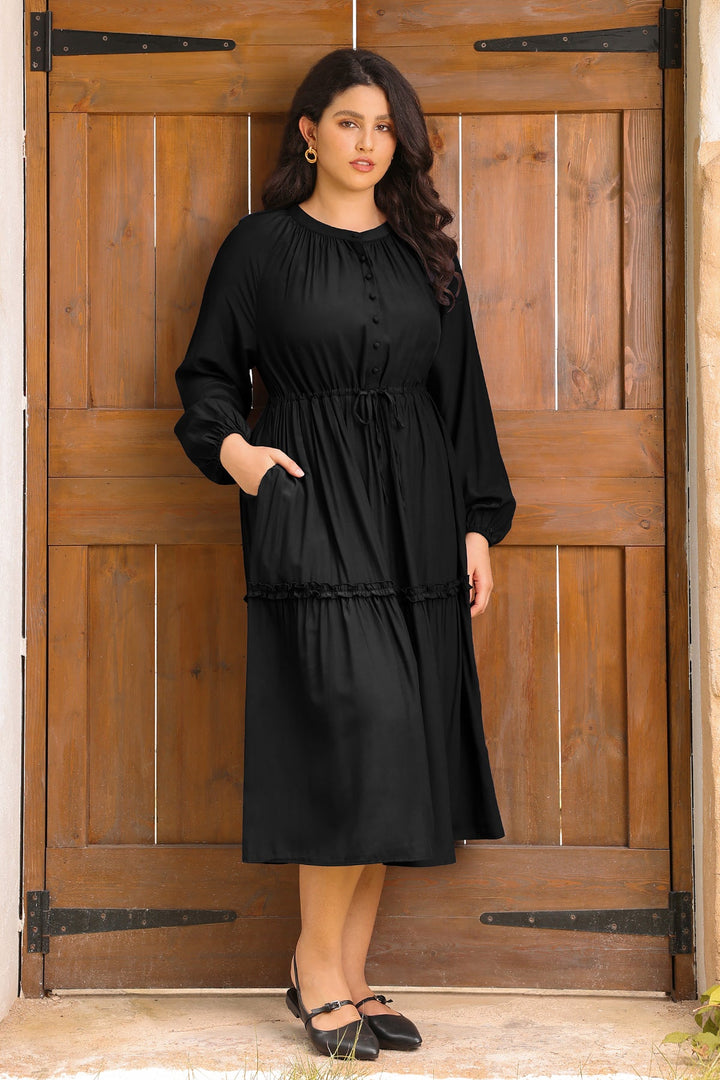 Pockets Navy Blue Drawstring Waist Tiered Midi Dress