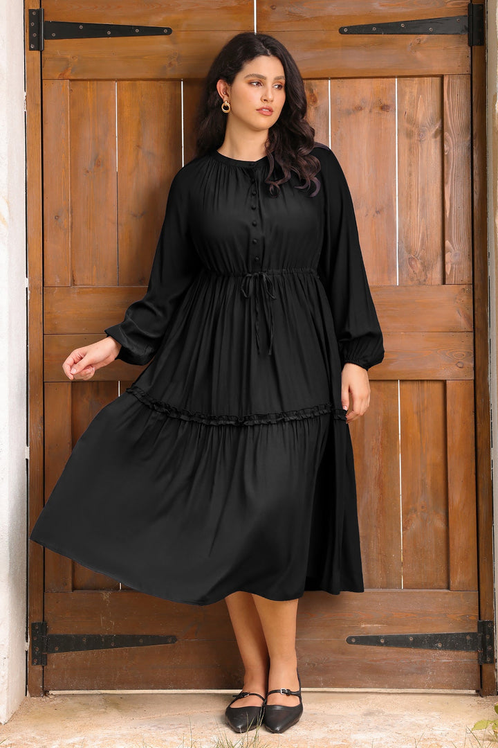 Pockets Navy Blue Drawstring Waist Tiered Midi Dress