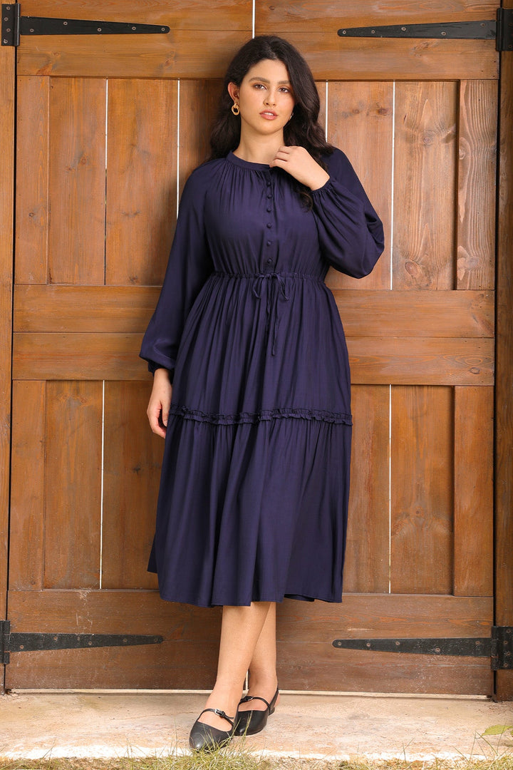 Pockets Navy Blue Drawstring Waist Tiered Midi Dress