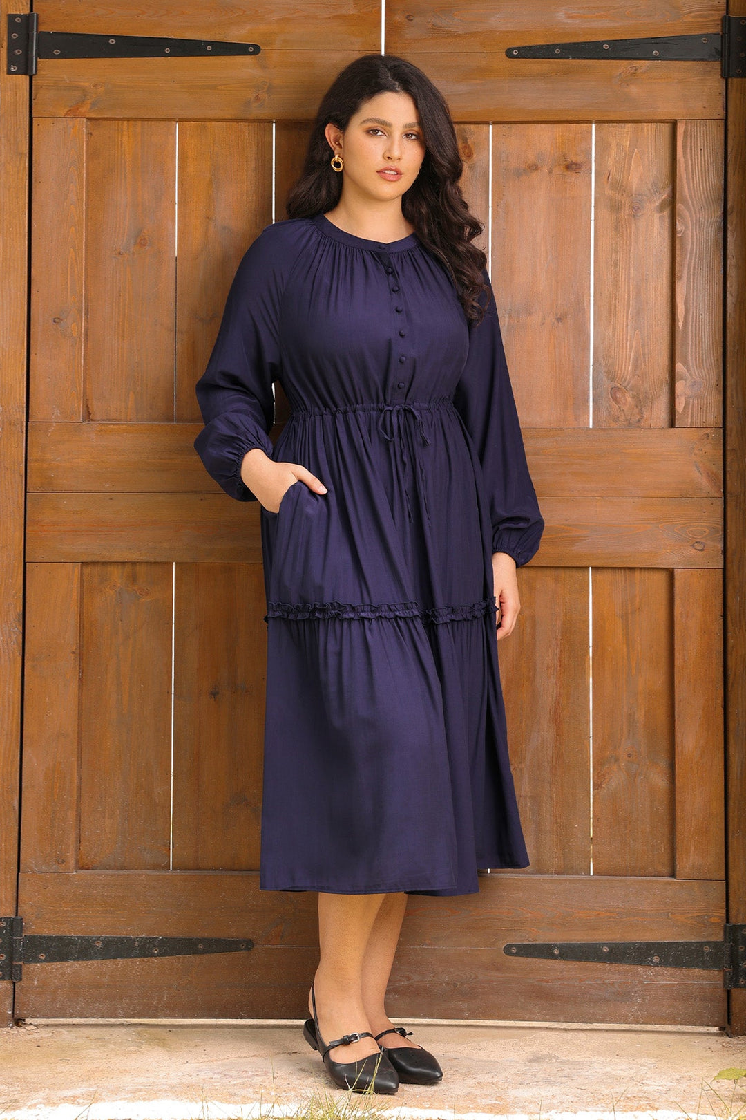 Pockets Navy Blue Drawstring Waist Tiered Midi Dress