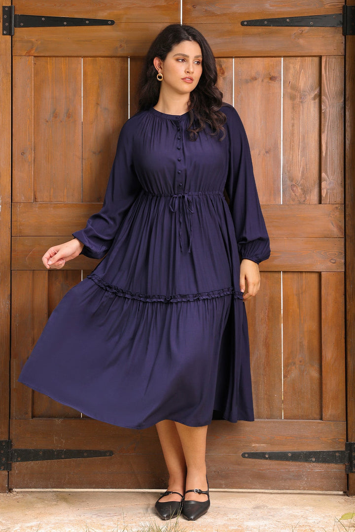Pockets Navy Blue Drawstring Waist Tiered Midi Dress