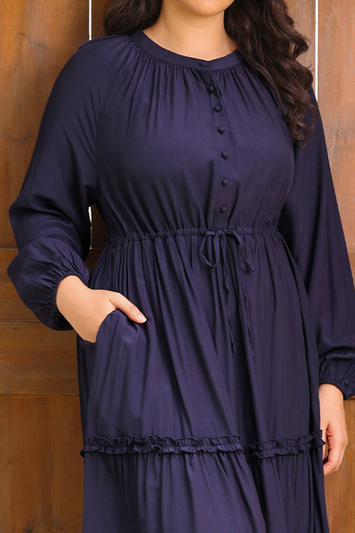 Pockets Navy Blue Drawstring Waist Tiered Midi Dress