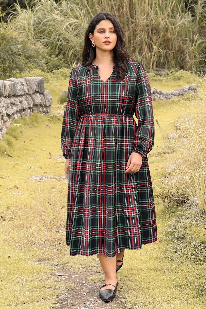 Pockets Cinched Waist A-Line Plaid-Print Midi Dress