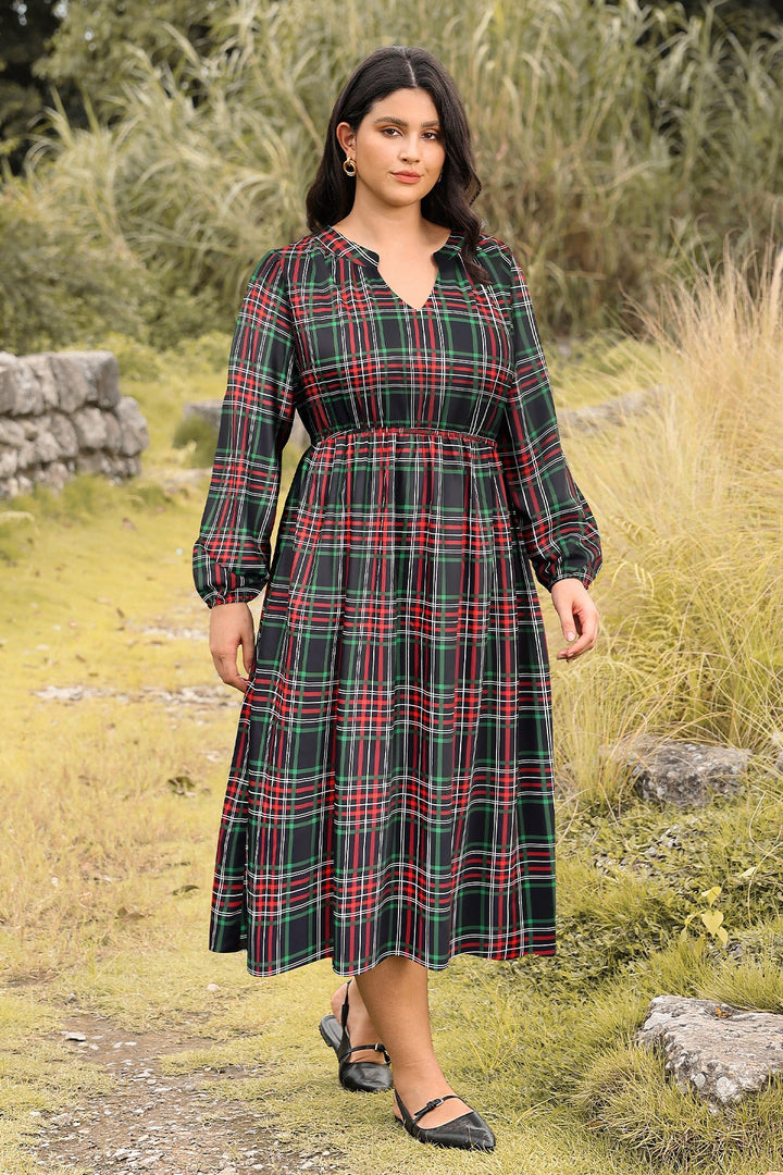 Pockets Cinched Waist A-Line Plaid-Print Midi Dress