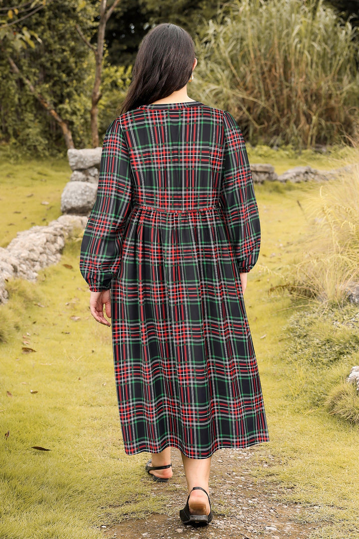 Pockets Cinched Waist A-Line Plaid-Print Midi Dress
