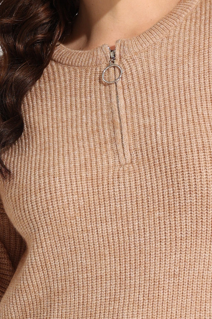 Quarter Zipper Up Plain Cashmere Woolen Sweater