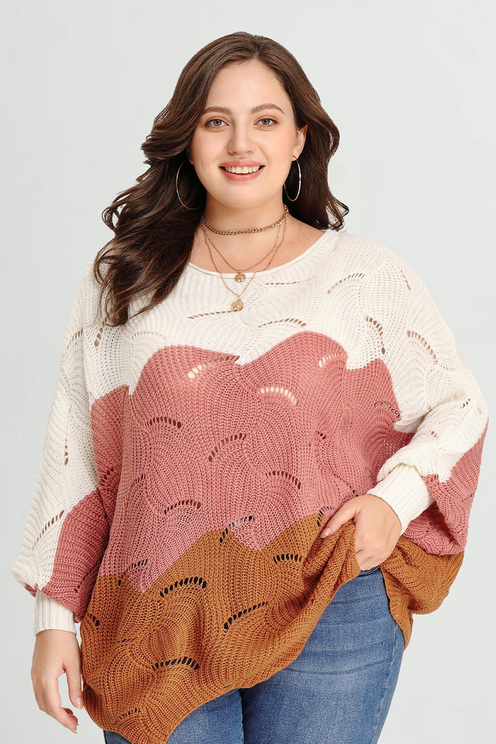 Cozy Color Block Hollow Out Batwing Knit Sweater