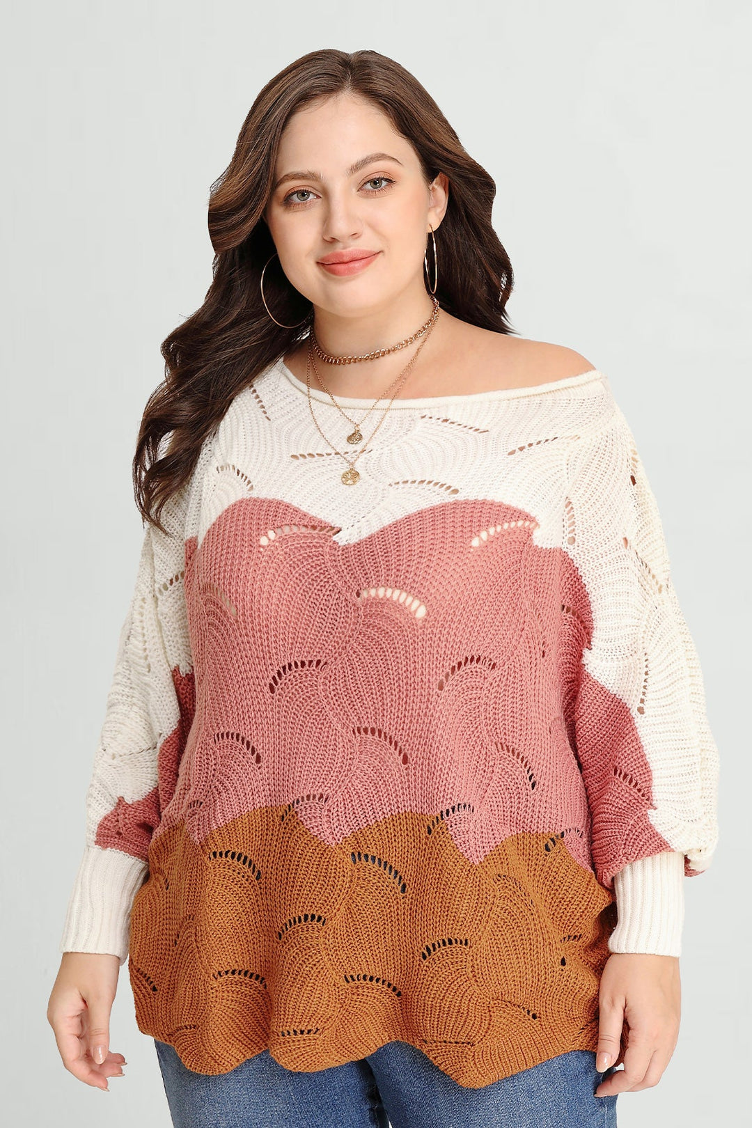 Cozy Color Block Hollow Out Batwing Knit Sweater