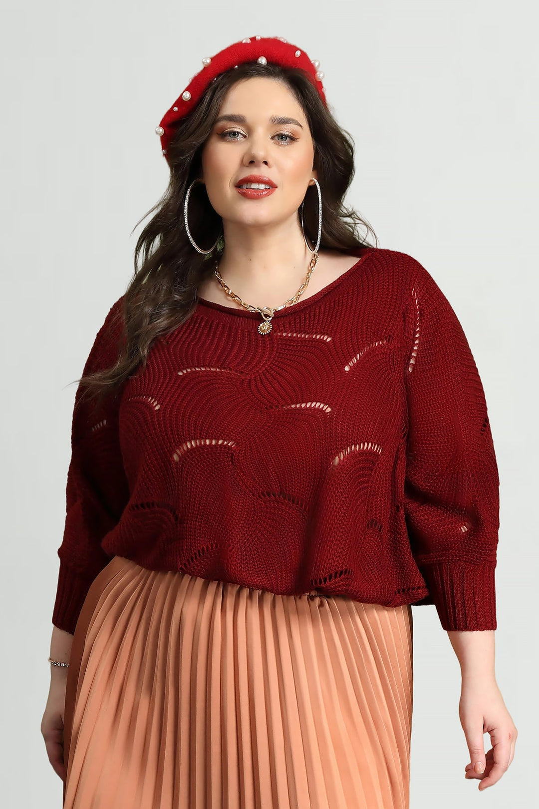 Solid Hollow Out Batwing Cashmere Knit Sweater