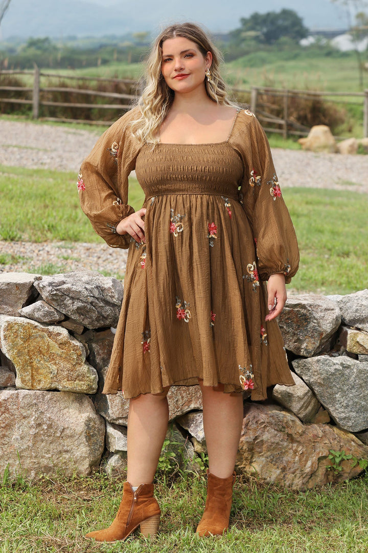 Embroidered Floral Shirred Square Neck A-line Midi Dress