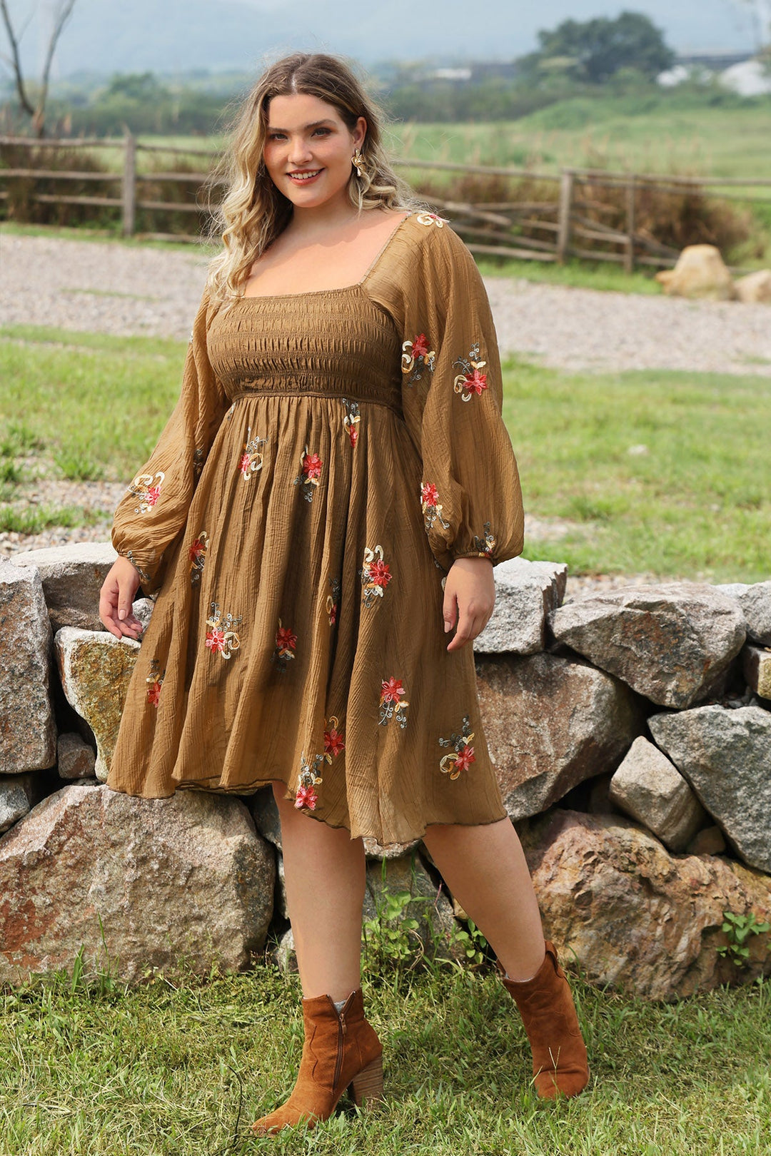 Embroidered Floral Shirred Square Neck A-line Midi Dress