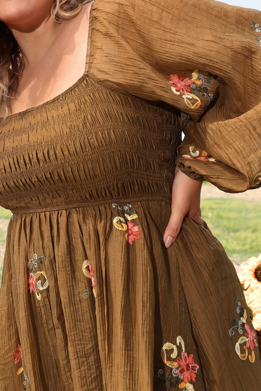 Embroidered Floral Shirred Square Neck A-line Midi Dress
