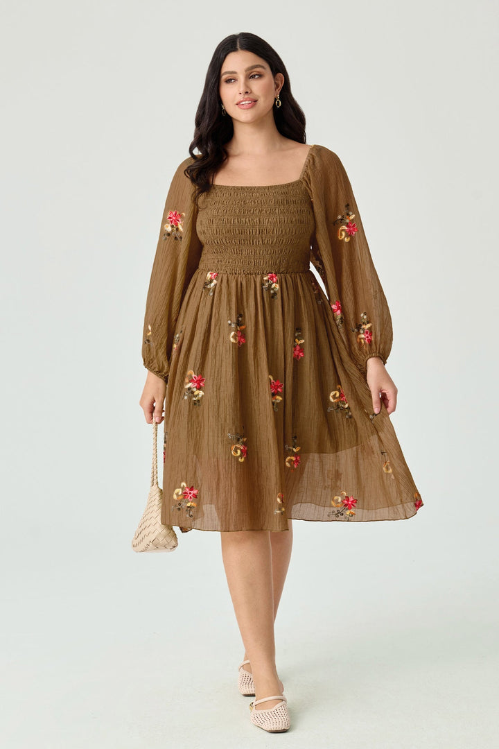 Embroidered Floral Shirred Square Neck A-line Midi Dress