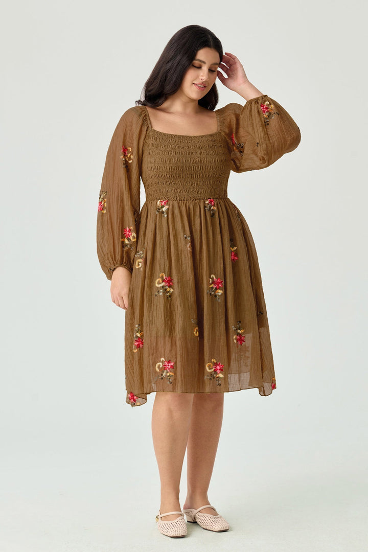 Embroidered Floral Shirred Square Neck A-line Midi Dress