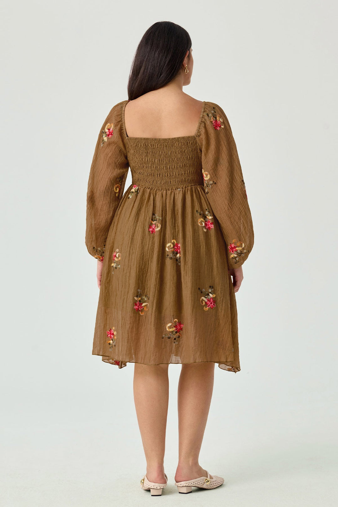 Embroidered Floral Shirred Square Neck A-line Midi Dress