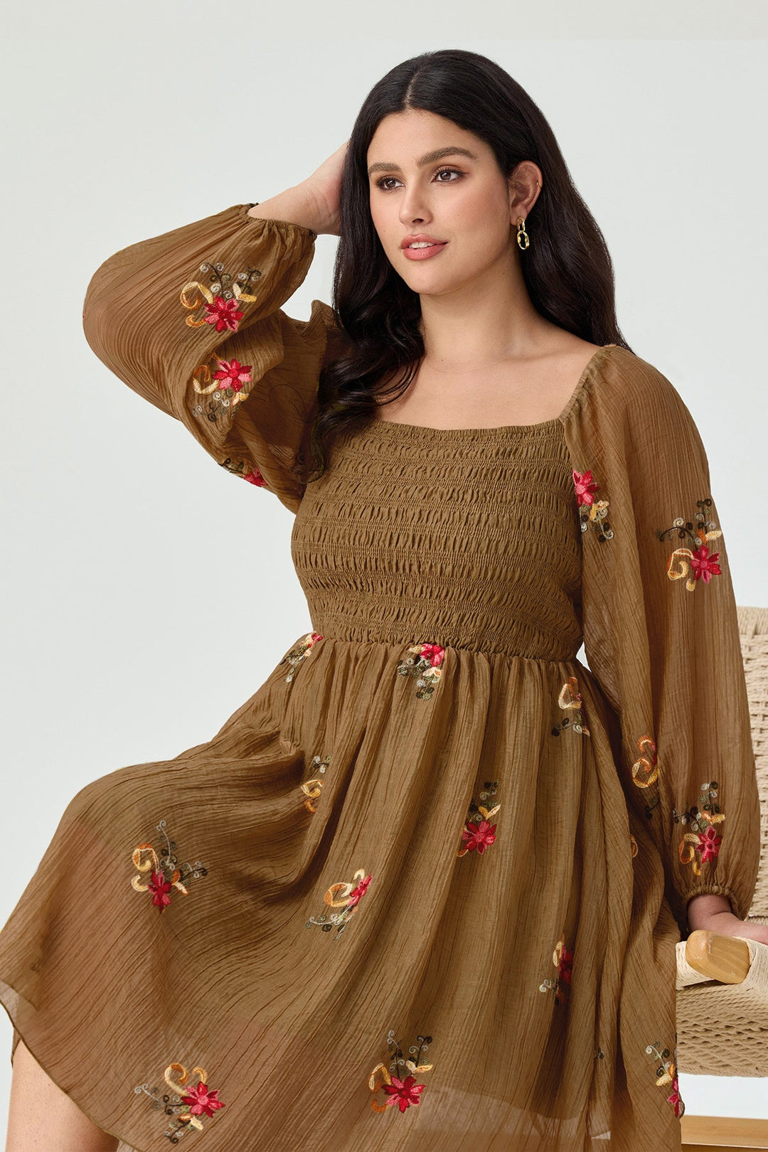 Embroidered Floral Shirred Square Neck A-line Midi Dress