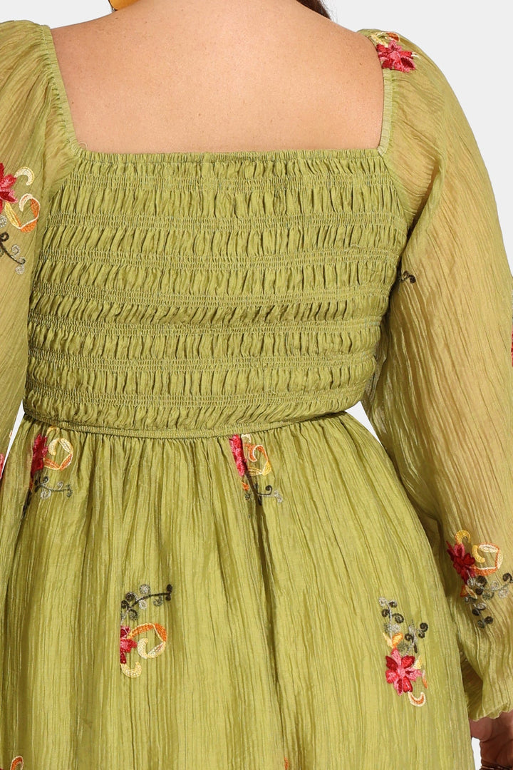 Embroidered Floral Shirred Square Neck A-line Midi Dress