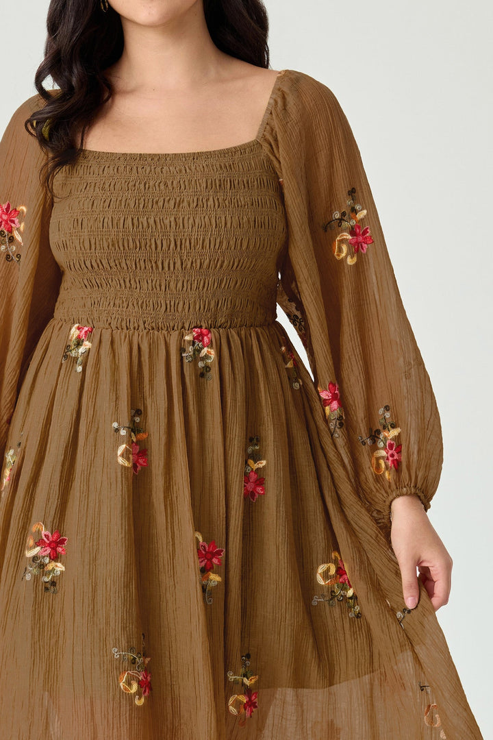 Embroidered Floral Shirred Square Neck A-line Midi Dress