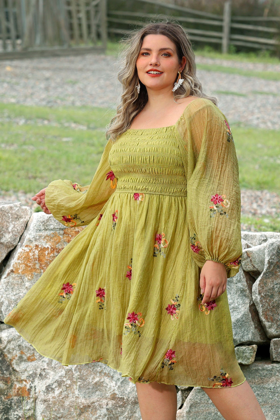 Embroidered Floral Shirred Square Neck A-line Midi Dress