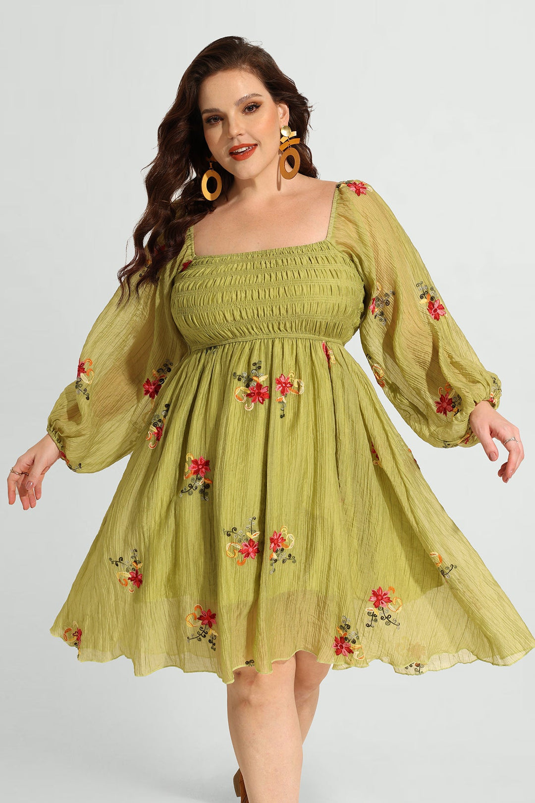 Embroidered Floral Shirred Square Neck A-line Midi Dress