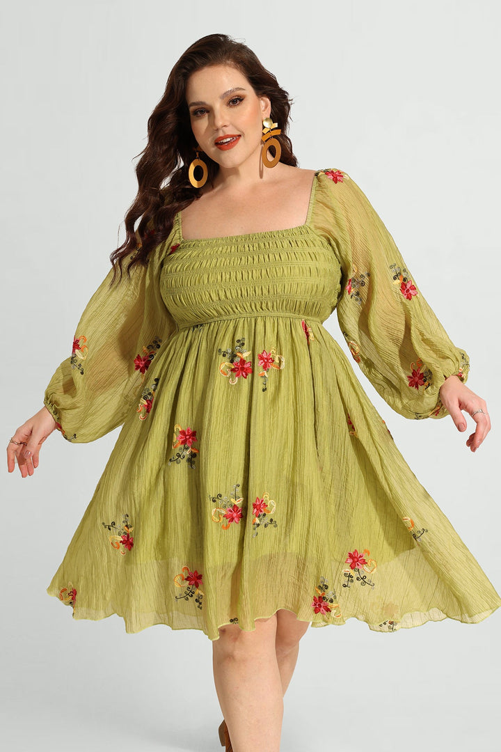 Embroidered Floral Shirred Square Neck A-line Midi Dress