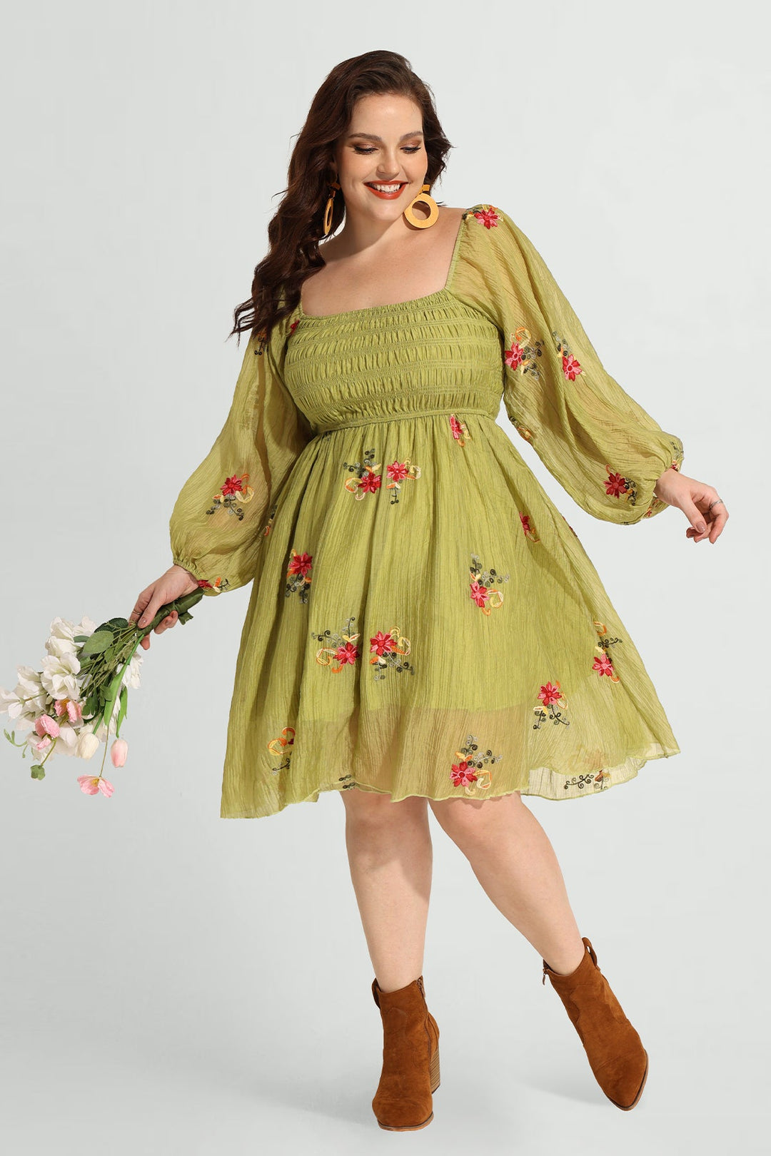 Embroidered Floral Shirred Square Neck A-line Midi Dress