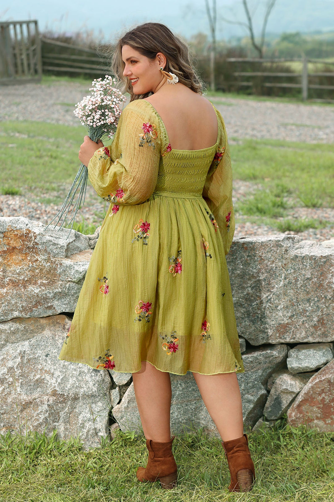 Embroidered Floral Shirred Square Neck A-line Midi Dress