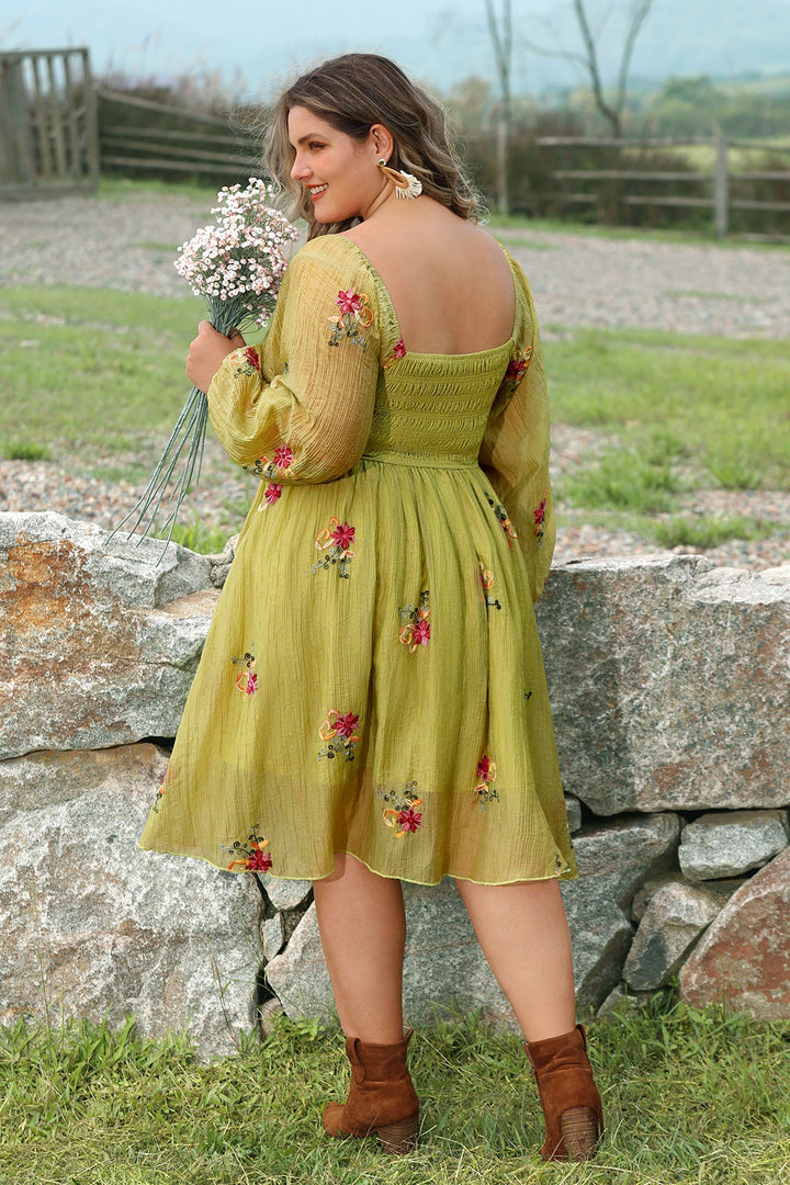 Embroidered Floral Shirred Square Neck A-line Midi Dress