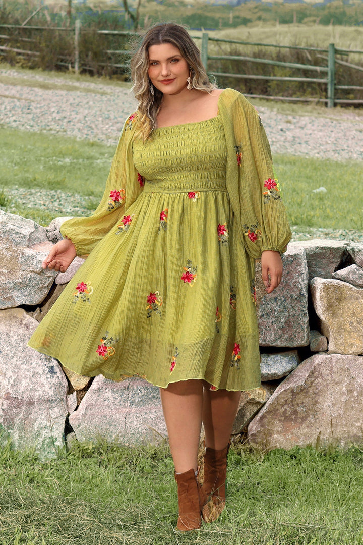 Embroidered Floral Shirred Square Neck A-line Midi Dress