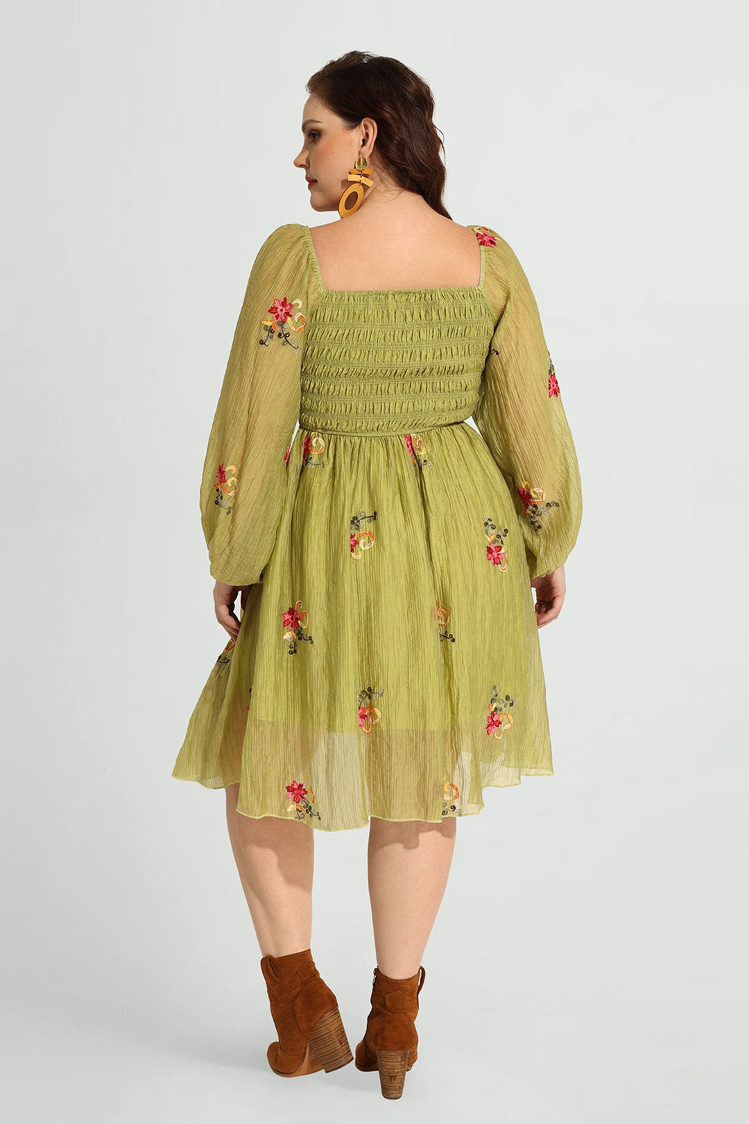 Embroidered Floral Shirred Square Neck A-line Midi Dress