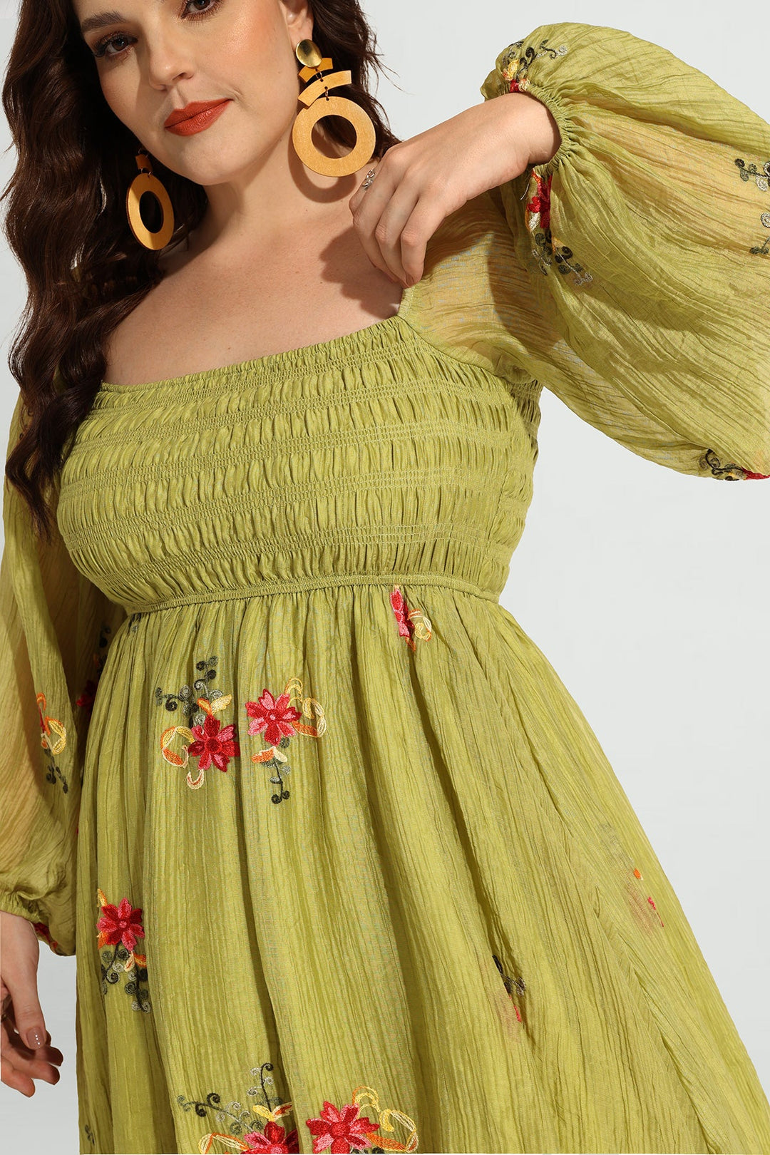 Embroidered Floral Shirred Square Neck A-line Midi Dress