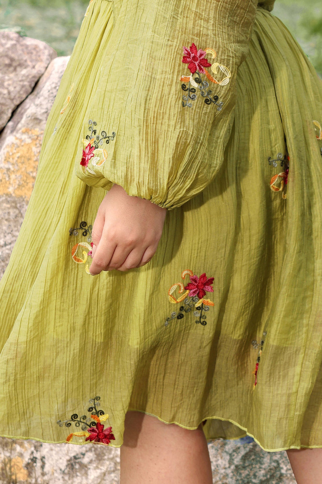Embroidered Floral Shirred Square Neck A-line Midi Dress
