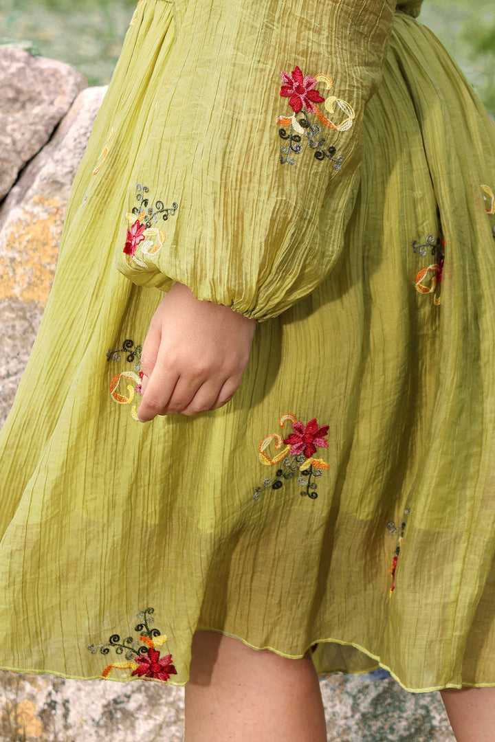 Embroidered Floral Shirred Square Neck A-line Midi Dress