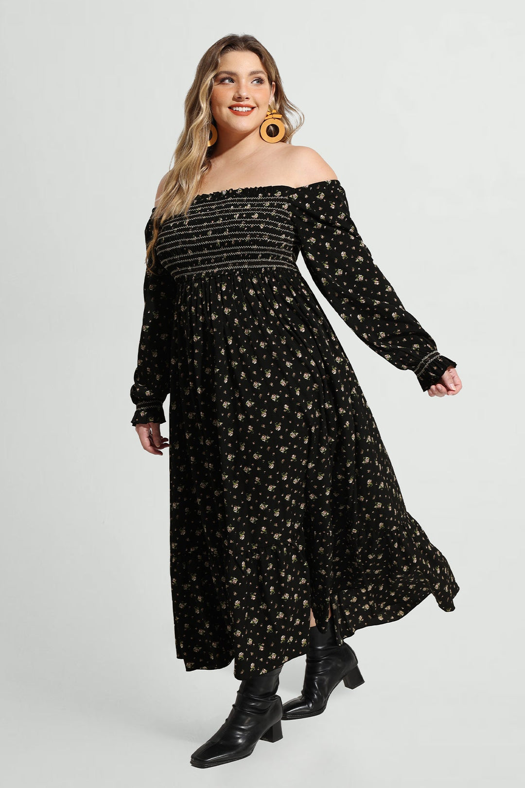 Pocket Floral Print Elastic Waist Shirred Maxi Dress
