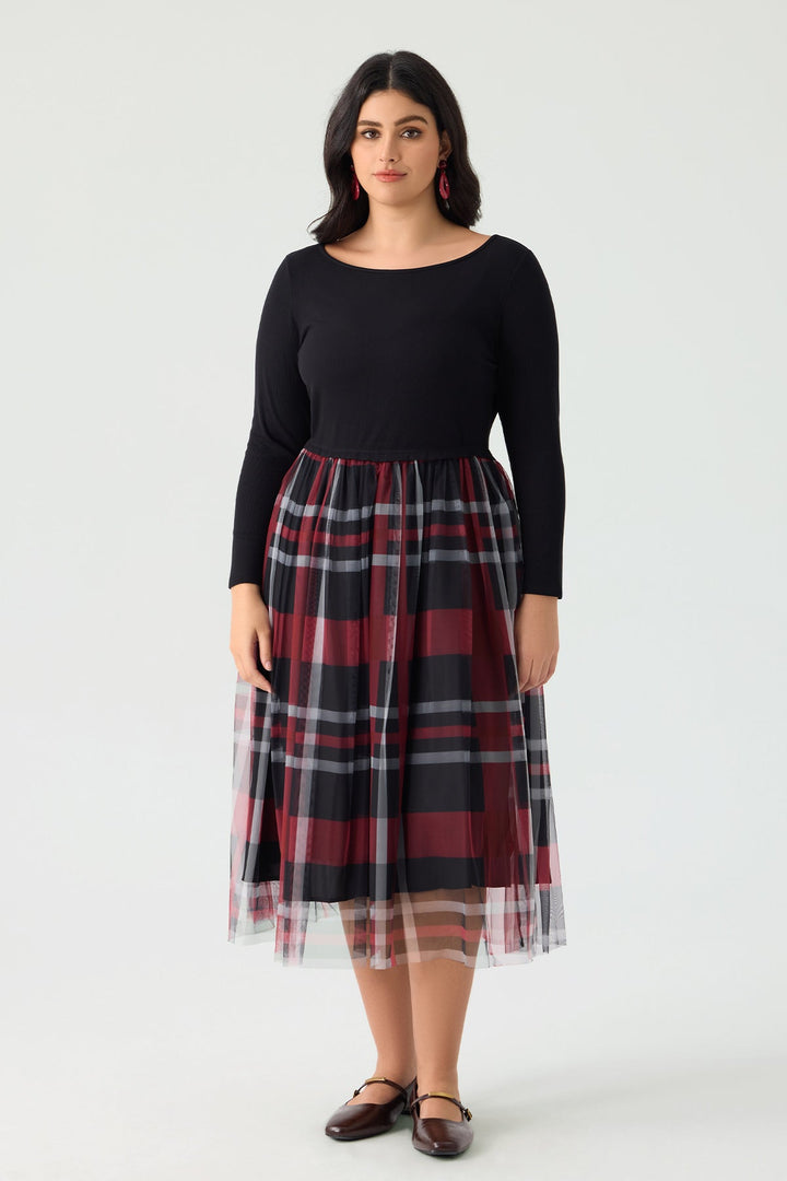 Colorblock Plaid Tulle Crew Neck Midi Dress