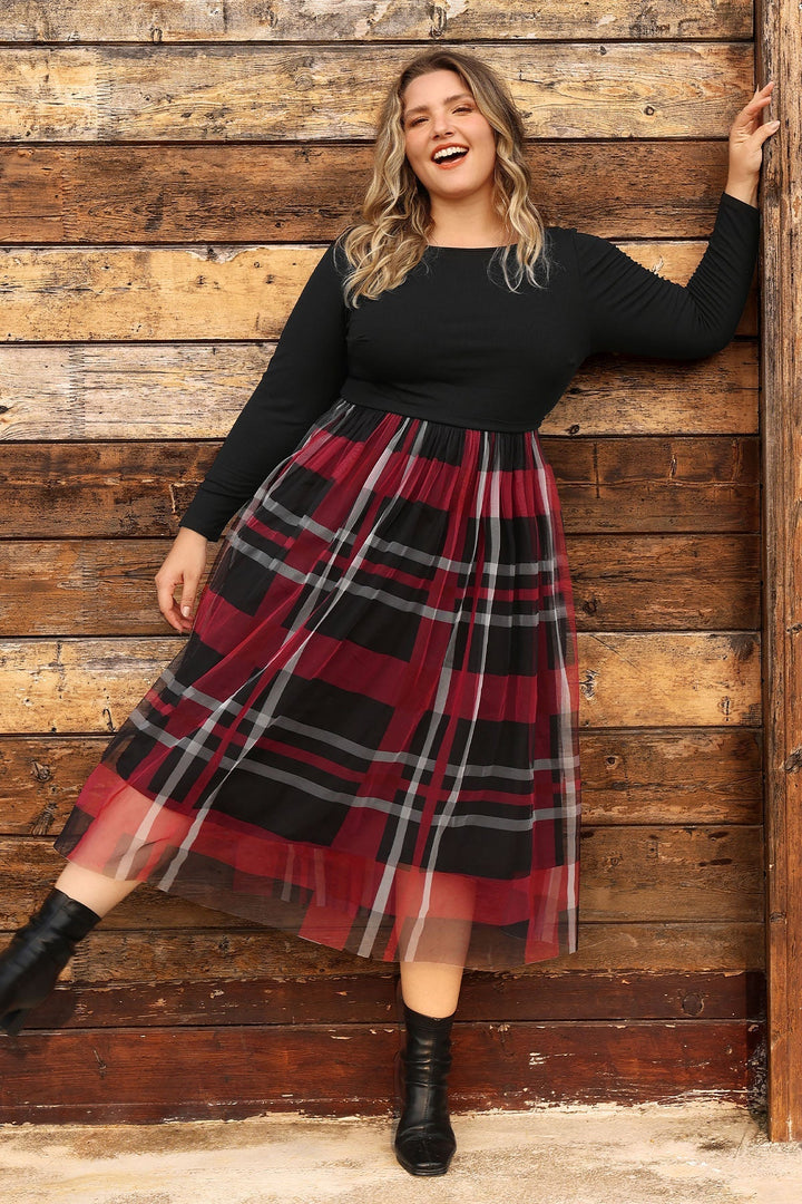 Colorblock Plaid Tulle Crew Neck Midi Dress