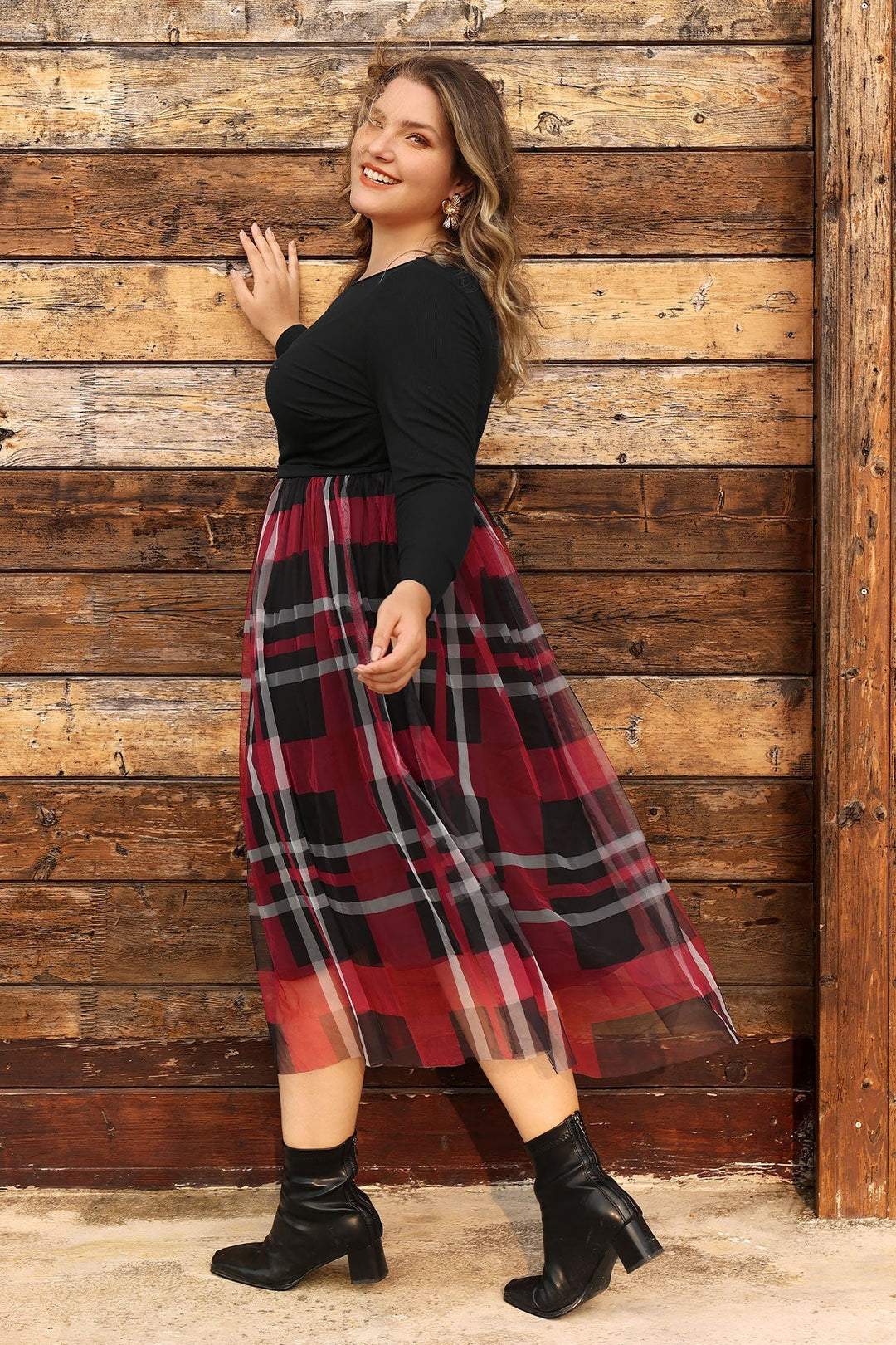 Colorblock Plaid Tulle Crew Neck Midi Dress