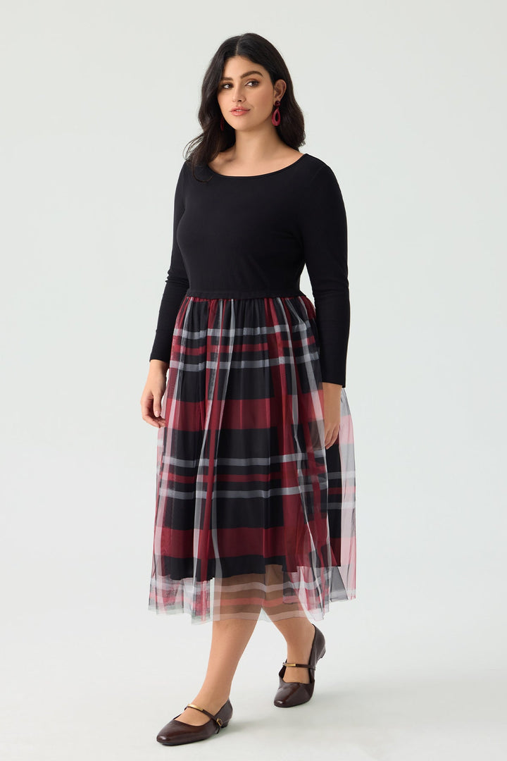 Colorblock Plaid Tulle Crew Neck Midi Dress
