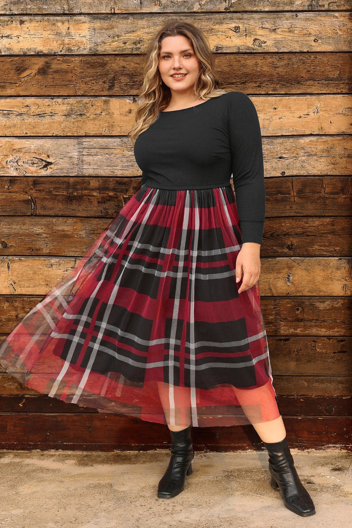 Colorblock Plaid Tulle Crew Neck Midi Dress