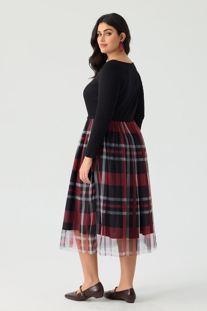 Colorblock Plaid Tulle Crew Neck Midi Dress