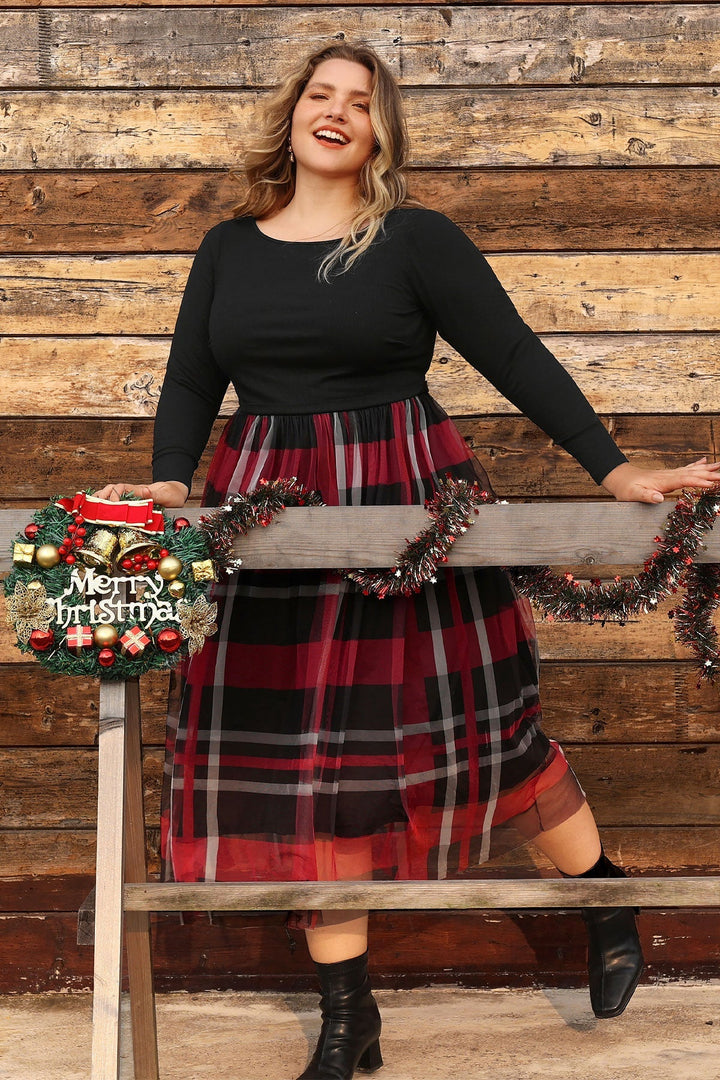 Colorblock Plaid Tulle Crew Neck Midi Dress