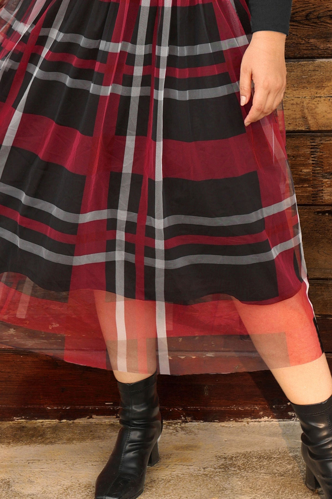 Colorblock Plaid Tulle Crew Neck Midi Dress