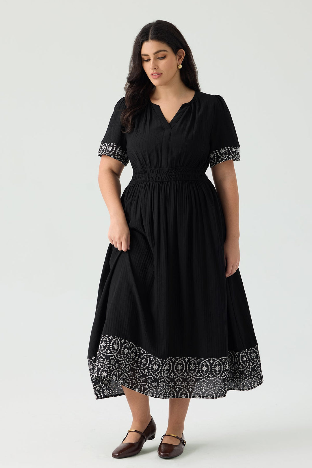 Ritera Pockets Boho Floral Embroidered Trim Flowy Midi Dress
