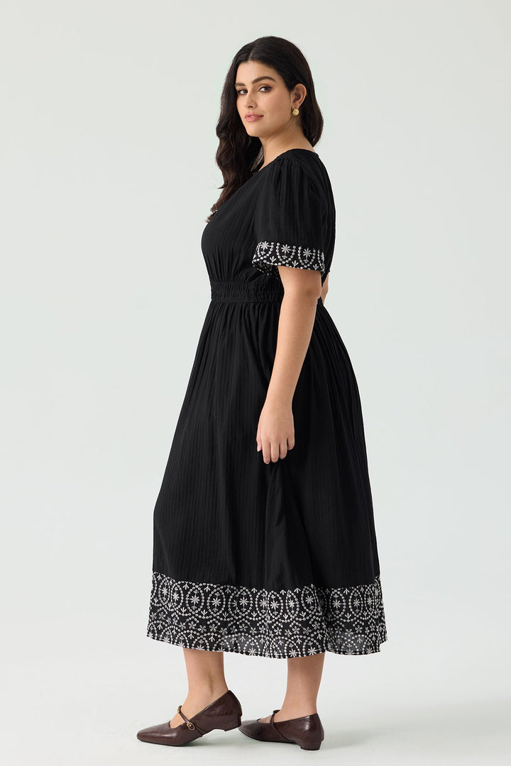 Ritera Pockets Boho Floral Embroidered Trim Flowy Midi Dress